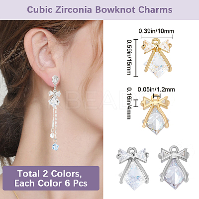 12Pcs 2 Colors Brass with Clear Cubic Zirconia Pendants ZIRC-BBC0002-65-1
