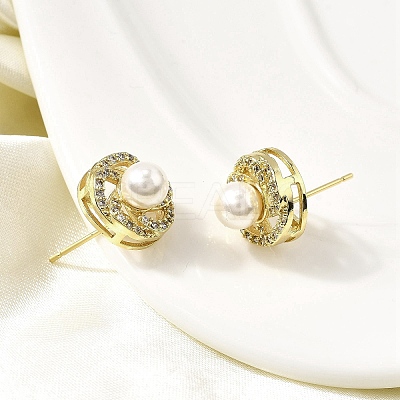 Brass Clear Cubic Zirconia Round Stud Earrings EJEW-L261-020G-1