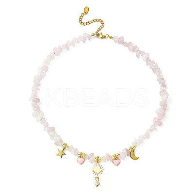 Alloy Enamel & 304 Stainless Steel & Brass Bib Necklace with Natural Rose Quartz Chip Beaded Chains NJEW-JN04434-1
