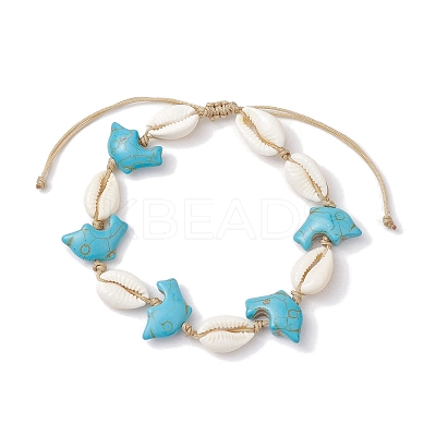 Natural Mixed Cowrie Shell with Synthetic Turquoise Beaded Anklets AJEW-AN00596-1