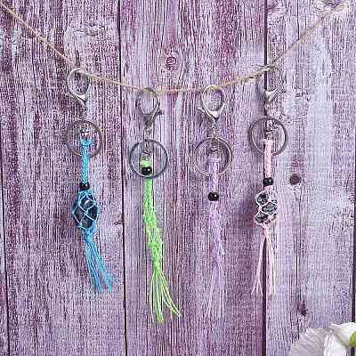 4Pcs  4 Colors Macrame Fringe Braided Keychain AJEW-SW00014-02-1
