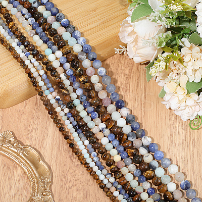 3 Strands 3 Styles Natural Grade AB Tiger Eye Round Beads Strands G-PA0001-38-1