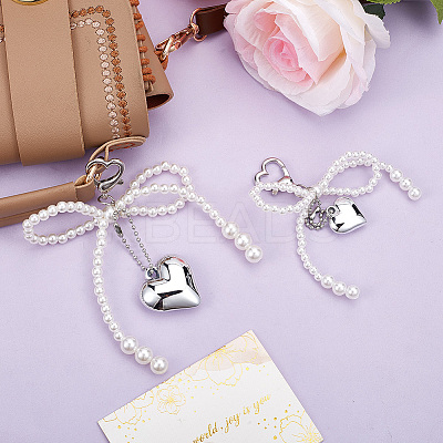 2Pcs 2 Styles Heart & Bowknot Acrylic Imitation Pearls Pendant Decorations HJEW-BBC0001-04-1