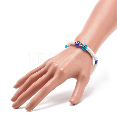 Polymer Clay Heishi Surfer Stretch Bracelet with Lampwork Evil Eye Beaded for Women BJEW-JB08386-01-1