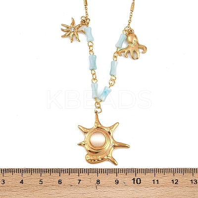304 Stainless Steel Crystal Rhinestone and Cat Eye Conch Shape Octopus Pendant Dyed Natural Shell Bamboo Stick Link Chain Necklaces NJEW-K252-11G-1
