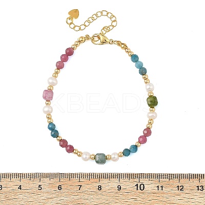 Natural Mixed Gemstone Faceted Round and Cube Beaded Bracelets with Natural Pearl & Brass End Chains BJEW-JB14336-03-1