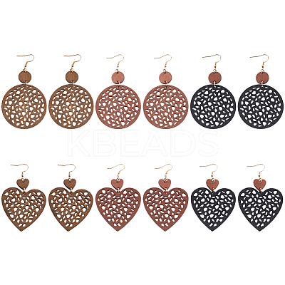 6 Pairs 6 Styles Wood Dangle Earrings with Iron Earring Pins EJEW-AN0004-60-1