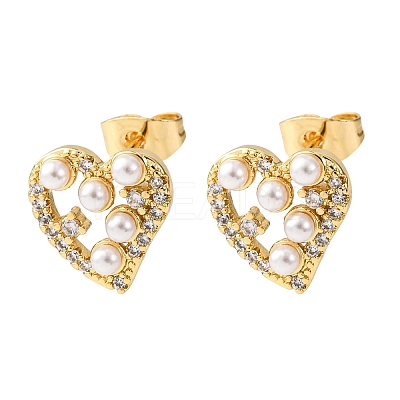 Brass Micro Pave Clear Cubic Zirconia Heart Stud Earrings EJEW-K267-39G-1