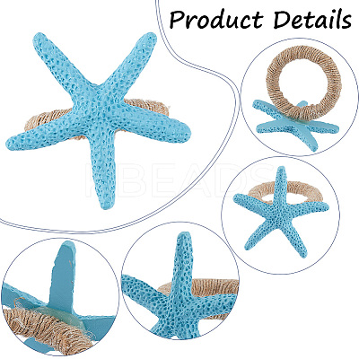 4Pcs 4 Styles Resin Conch Shell Starfish Sea Horse & Jute Rope Napkin Rings AJEW-GF0011-12-1