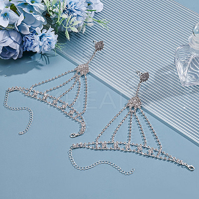 2Pcs Brass Rhinestone Chain Finger Rings Bracelet BJEW-ME0001-02-1