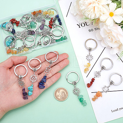 21Pcs 7 Styles Natural Red Jasper Red Aventurine Citrine Green Aventurine Lapis Lazuli Amethyst & Synthetic Turquoise Keychain with Alloy Finding and 304 Stainless Steel Split Key Ring KEYC-GO00010-1