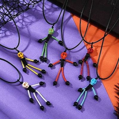 Halloween Theme Skeleton Glass Seed Beaded & Natural Black Onyx(Dyed & Heated) & Skull Dyed Synthetic Turquoise Pendant Necklaces NJEW-MZ00117-1