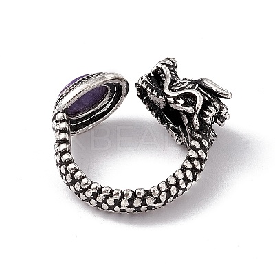 Dragon Head Natural Charoite Cuff Rings RJEW-G273-03AS-03-1