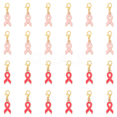 24Pcs 2 Colors October Breast Cancer Pink Awareness Ribbon Shape Alloy Enamel Pendant Decorations HJEW-YW00167-1