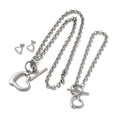 Heart 304 Stainless Steel Pendant Necklace & Stud Earring & Bracelet Sets for Women SJEW-F226-02P-1