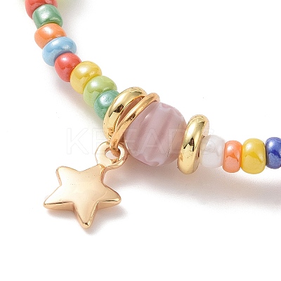 Seed & Millefiori Glass Beaded Stretch Bracelet with Brass Star Charms for Women BJEW-JB09355-1