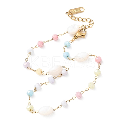 Glass Round Beads & Natural Shell Barrel Beads Link Bracelets BJEW-G774-03G-1