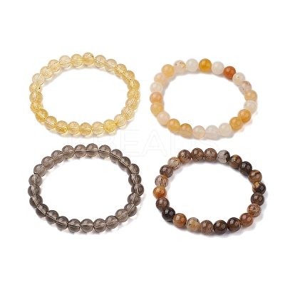 4Pcs Constellation 8mm Round Natural Yellow Tiger Eye & Jade & Synthetic Citrine & Smoky Quartz Beaded Stretch Bracelets for Women BJEW-JB10635-1