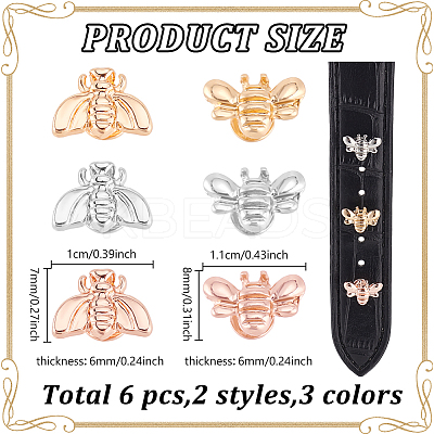6Pcs 6 Styles Alloy Bee Watch Band Studs FIND-GO0003-57-1