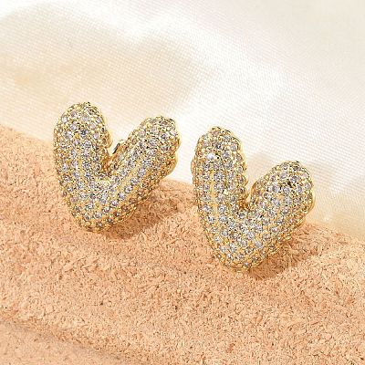 Brass Micro Pave Clear Cubic Zirconia Stud Earrings for Women LS-EJEW-F352-06G-1
