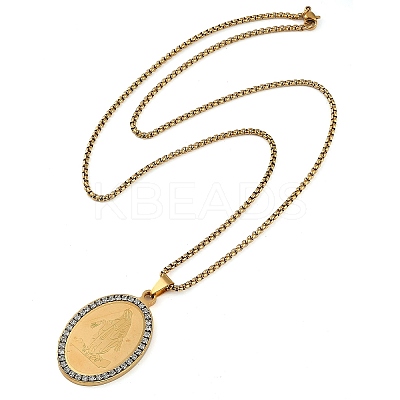 201 Stainless Steel Crystal Rhinestone Religion Virgin Mary Oval Pendant Box Chain Necklaces NJEW-D089-04G-1