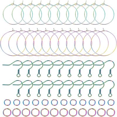 40Pcs 2 Style Ion Plating(IP) Rainbow Color 304 Stainless Steel Hoop Earrings Findings STAS-UN0039-05-1