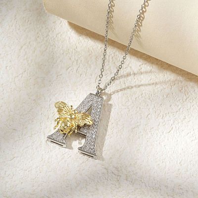 Brass Micro Pave Clear Cubic Zirconia Bee Initial Pendant Necklaces FS-WGF5E80-01-1