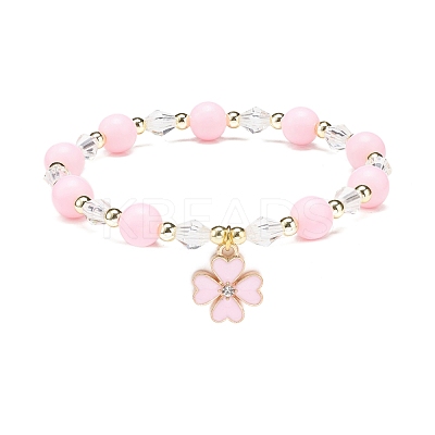 Pink Acrylic & Synthetic Hematite Beaded Stretch Bracelet with Alloy Enamel Charms for Women BJEW-JB08726-1