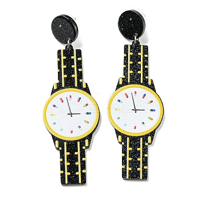 Sparkling Acrylic Watch Dangle Stud Earrings with 304 Stainless Steel Pins LS-EJEW-C063-01E-1