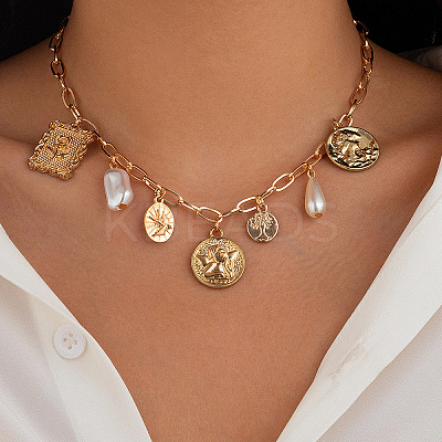 Summer Beach Iron & Alloy & Imitation Pearl Teardrop Angel Tree of Life Bib Necklaces FS-WG54A68-07-1