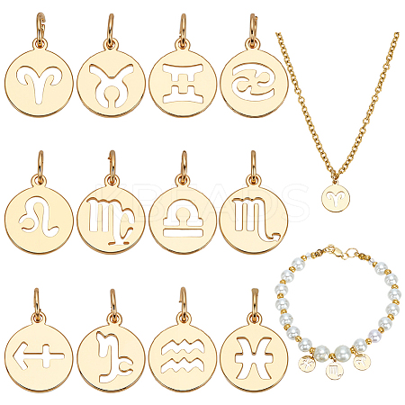 12Pcs 12 Styles Flat Round with Twelve Constellations Brass Charms PALLOY-WR00028-1