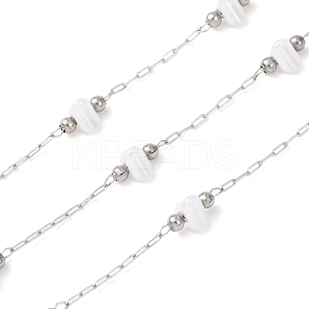 304 Stainless Steel Round Bead & ABS Plastic Pearl Heart Bead Cable Chains CHS-G048-08P-1