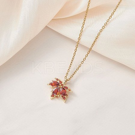 Brass Pave Cubic Zirconia Maple Leaf Pendant 304 Stainless Steel Cable Chain Necklaces for Women NJEW-JN05901-01-1