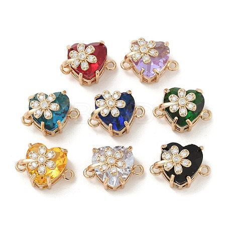 Brass Pave Faceted Glass Heart Connector Charms KK-G517-12G-1