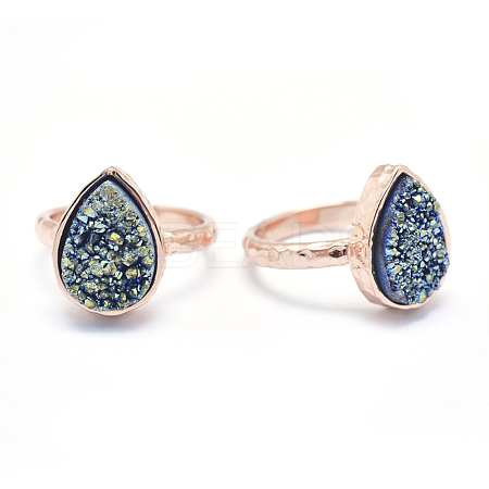 Electroplate Natural Druzy Quartz Crystal Finger Rings RJEW-I055-10RG-RS-1