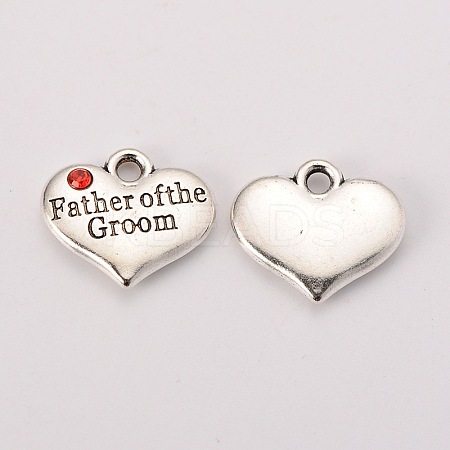 Wedding Theme Antique Silver Tone Tibetan Style Heart with Father of the Groom Rhinestone Charms X-TIBEP-N005-13A-1