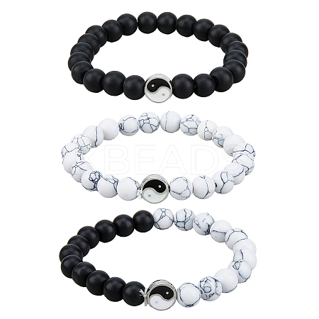 3Pcs 3 Styles Natural Howlite & Frosted Black Stone Beaded Stretch Bracelets Set BJEW-FI0001-21-1