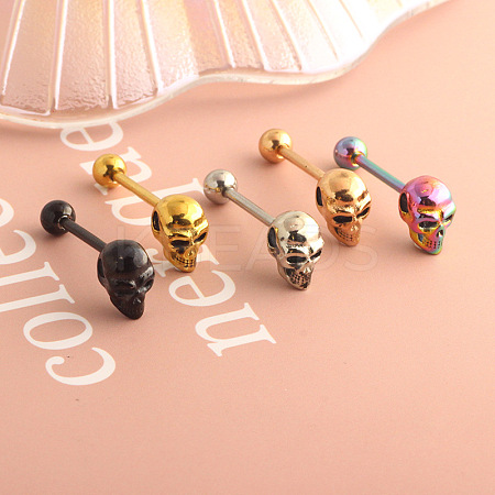Skull 304 Stainless Steel Straight Barbell 15 Gauge Piercing Tongue Rings for Women Men FS-WG07D05-03-1