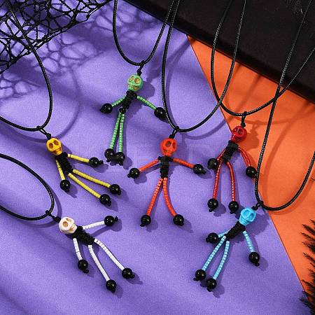 Halloween Theme Skeleton Glass Seed Beaded & Natural Black Onyx(Dyed & Heated) & Skull Dyed Synthetic Turquoise Pendant Necklaces NJEW-MZ00117-1