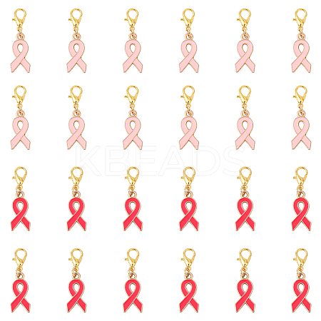 24Pcs 2 Colors October Breast Cancer Pink Awareness Ribbon Shape Alloy Enamel Pendant Decorations HJEW-YW00167-1