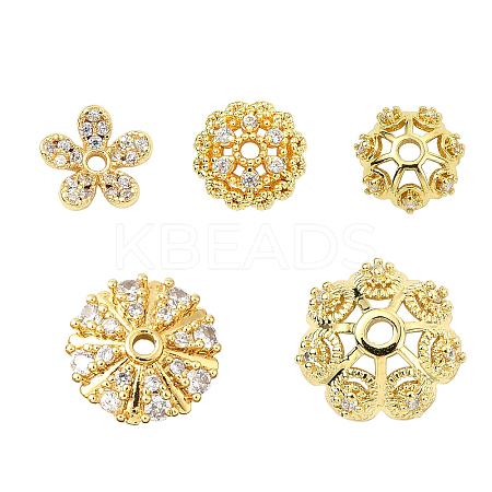 10Pcs 5 Styles Rack Plating Flower Brass Micro Pave Clear Cubic Zirconia Bead Caps KK-CJ0002-73-1