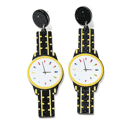 Sparkling Acrylic Watch Dangle Stud Earrings with 304 Stainless Steel Pins LS-EJEW-C063-01E-1