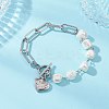 Electroplated Shell Pearl Beads & 304 Stainless Steel Paperclip Chains Beaded Bracelets for Women BJEW-JB12892-1