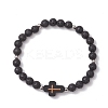 Cross Natural Lava Rock Beads & Wood Round Beads Stretch Bracelets for Men Women BJEW-JB11832-01-2
