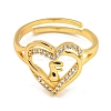 Heart with Letter Rack Plating Brass Micro Pave Clear Cubic Zirconia Adjustable Rings for Women RJEW-I105-01G-F-2