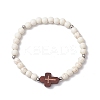Cross Synthetic Turquoise & Wood Round Beads Stretch Bracelets for Men Women BJEW-JB11832-02-2