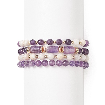 4Pcs 4 Style Natural Amethyst & White Crazy Agate & Brass Beaded Stretch Bracelets Set BJEW-JB08998-1