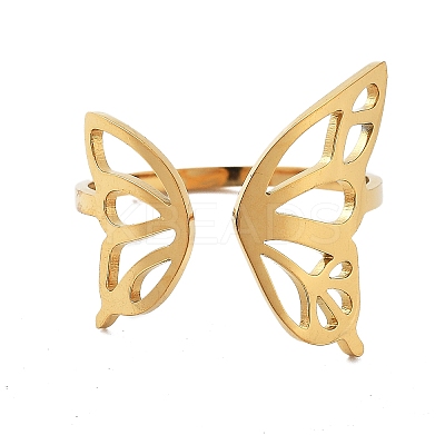 304 Stainless Steel Hollow Butterfly Wing Open Cuff Rings for Women RJEW-M024-02G-1