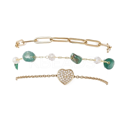 304 Stainless Steel Heart & Dyed Natural Green Agate Nuggets Link Chain 3 Layer Stackable Necklaces BJEW-JB12459-01-1