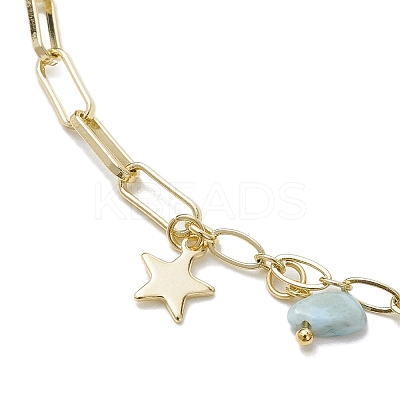 Natural Larimar/Moss Agate/Fluorite/Rutilated Quartz/Garnet Chips Charm Brass Figaro Chain Anklets AJEW-AN00667-1